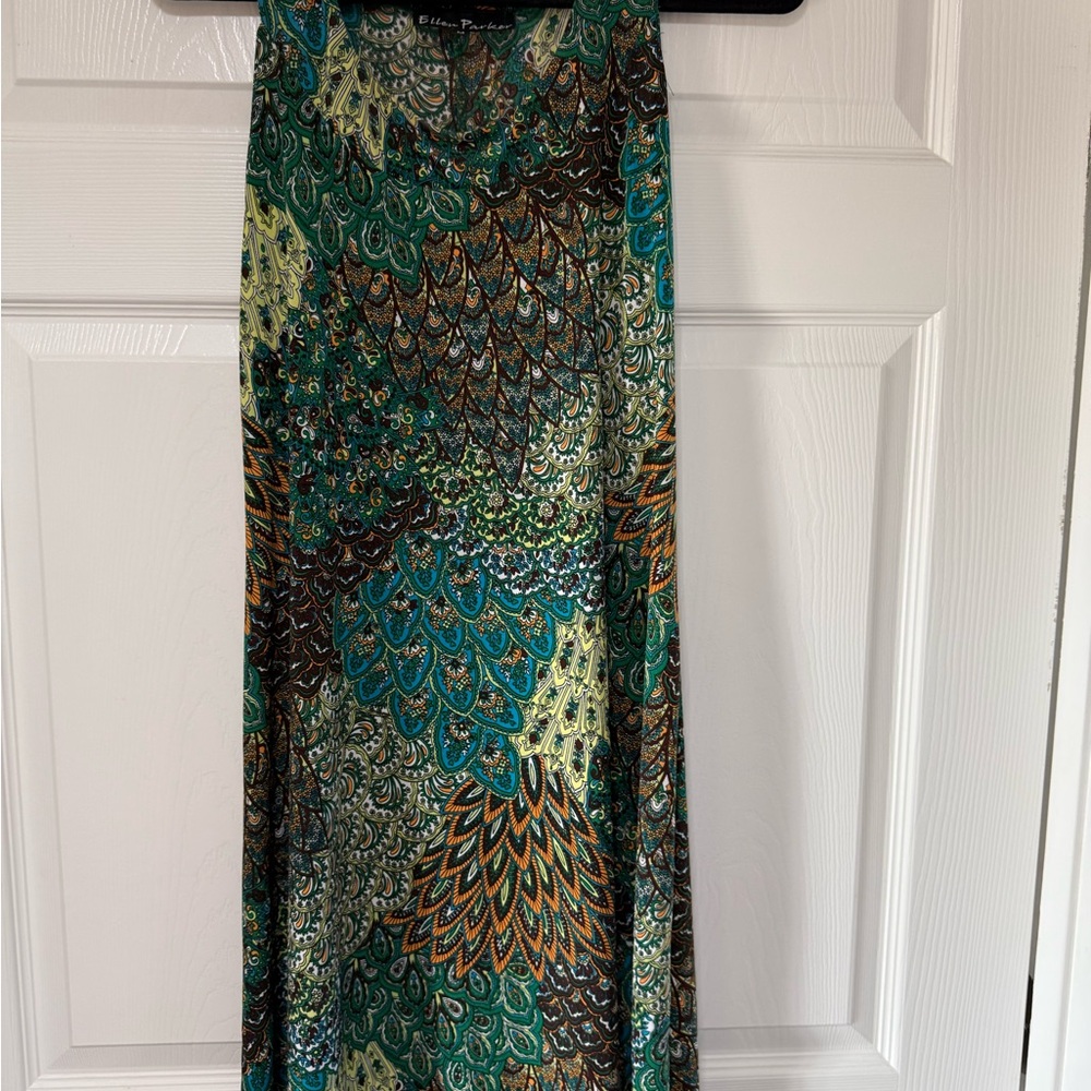 Ellen Parker Multicolor Patterned Dress peacock Sz gorgeous flair